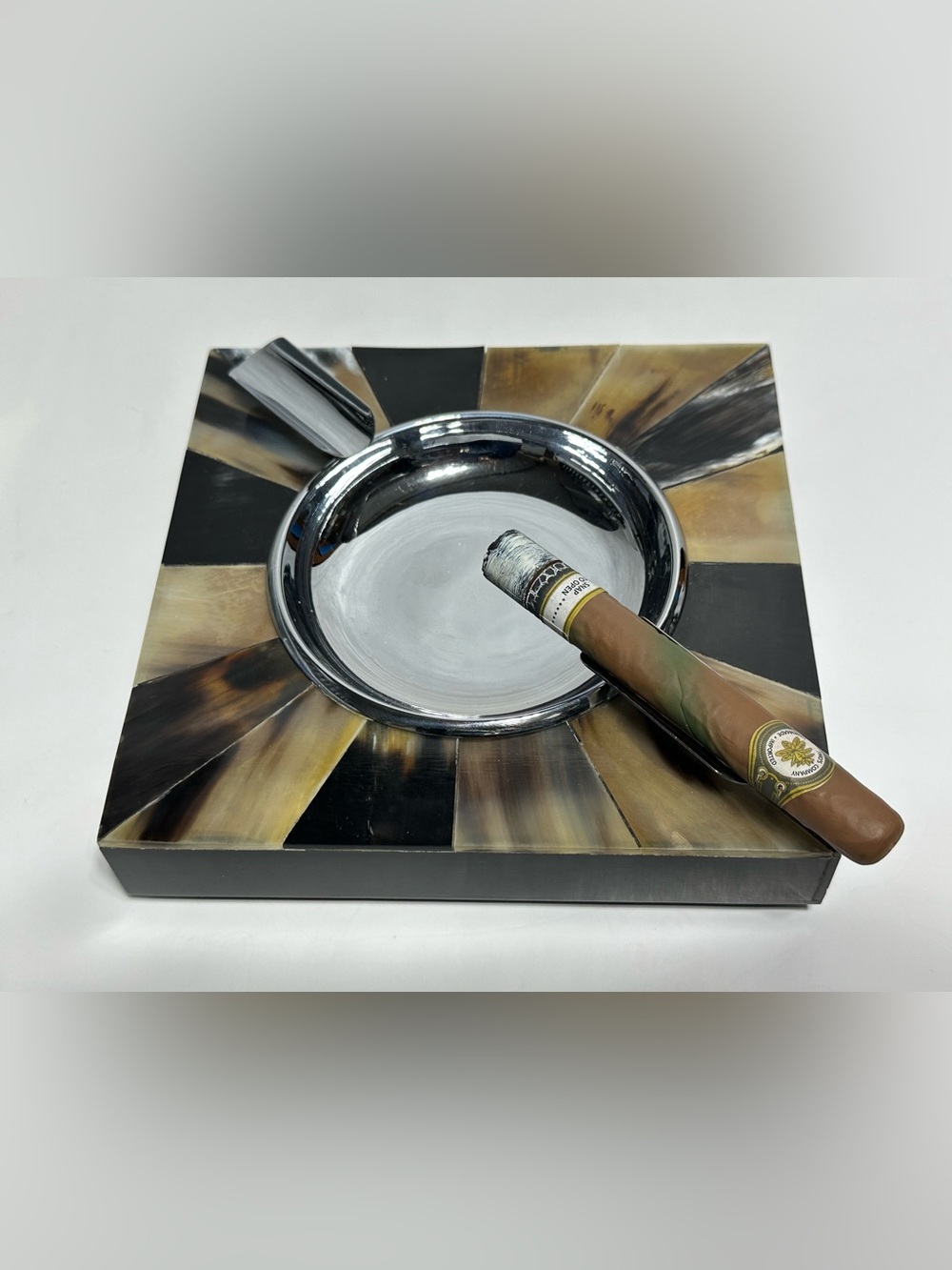 TWO'S COMPANY “decorative” Cigar Tray of Horn Mosaic and Stainless Steel